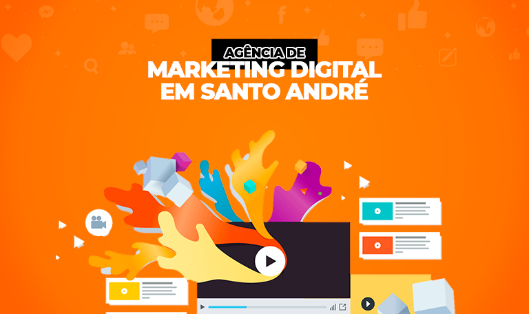 Imagem de notebook com cores saindo da tela e legenda Marketing Digital em Santo André