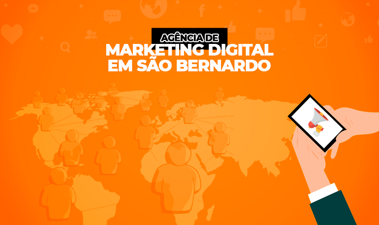 Ilustração de smartphone e várias pessoas marcadas em um mapa com a legenda Marketing Digital em São Bernardo